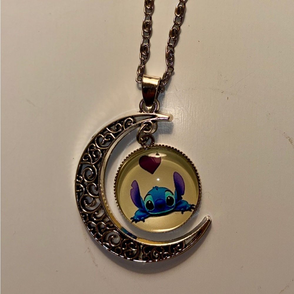 Silver Crescent Moon Necklace with Blue Stitch Charm - Unbranded